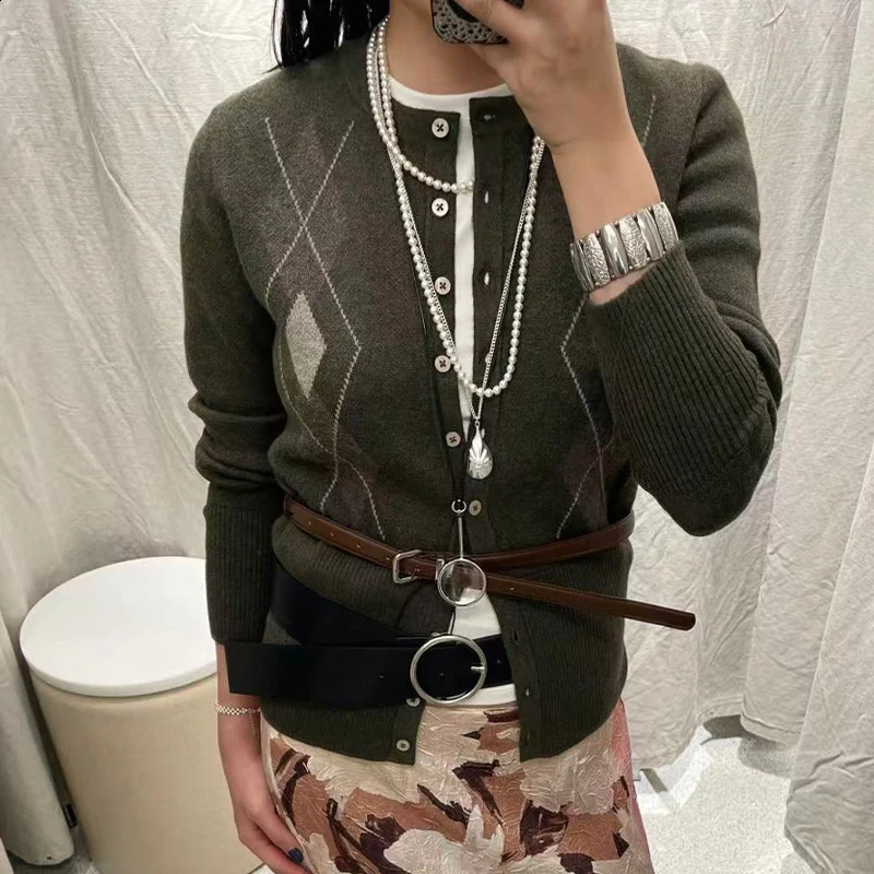 Womens Elegant Olive Green Knit Two Piece Set Argyle Cardigan with Belt Midi Skirt for Chic Autumn Winter Style 251022