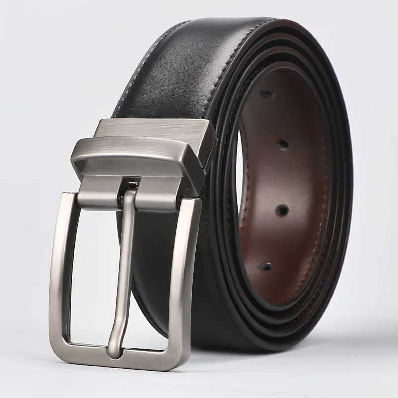 1pc Mens Leather Reversible Belt Rotate Black BuckleXJ251023