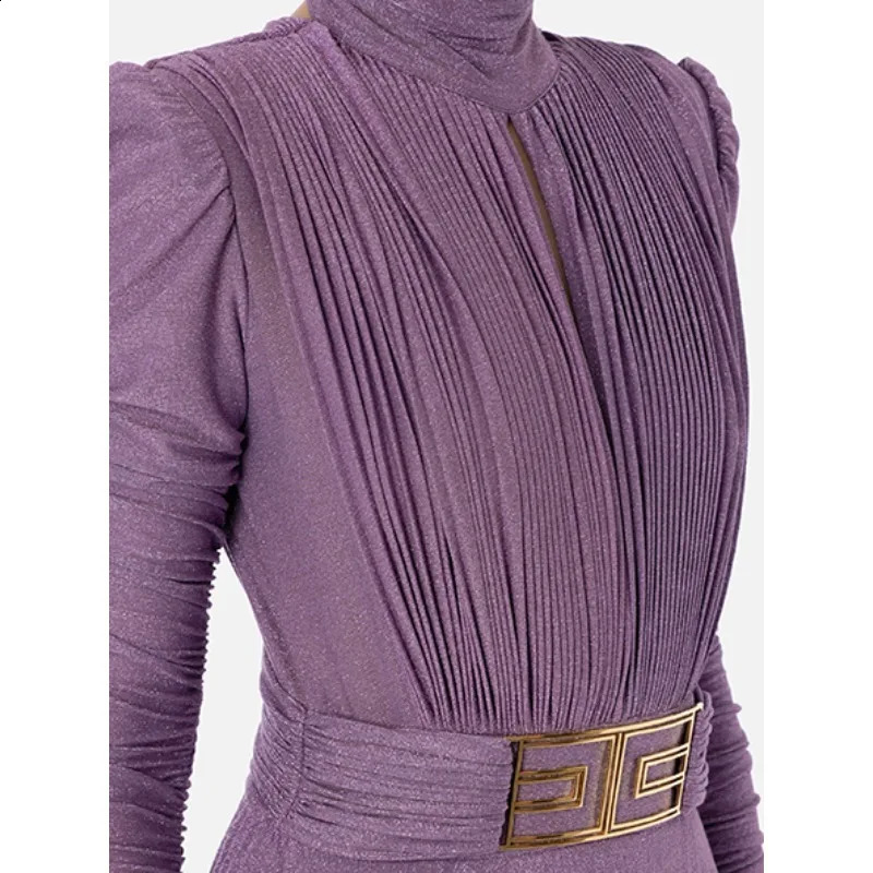 Purple Womens Dresses Turtlenecks Folds Midi Aline Backless Long Sleeve Sideslit with Belt Part Evening Dress 141013 251022
