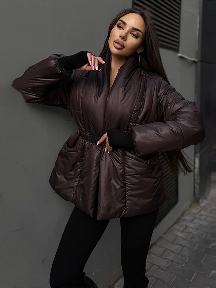 Elegant Belt Cotton Coat Women Solid Vneck Long Sleeve Pocket Thicken Jacket Female Winter Warm Chic Lace Up Lady Outwears 251021