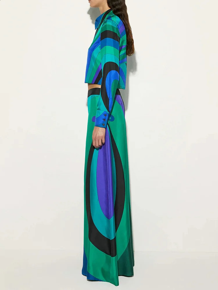 Autumn Loose Commute Outfits Elegant Crop Top Casual Two Piece Fashion Contrast Color Long Sleeve ShirtsWide Leg Pants Sets 251022