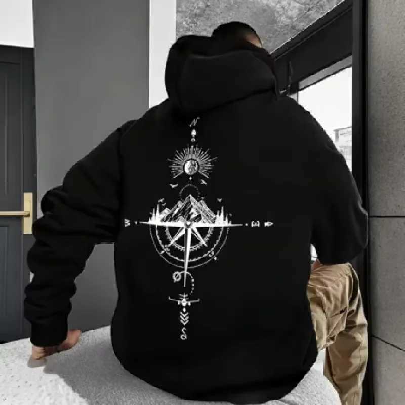 Vintage Compass Print Hoodies for Men High Quality Hooded Long Sleeve Pullover All Season Daily Casual Sports Tops Mens ClothesT251023