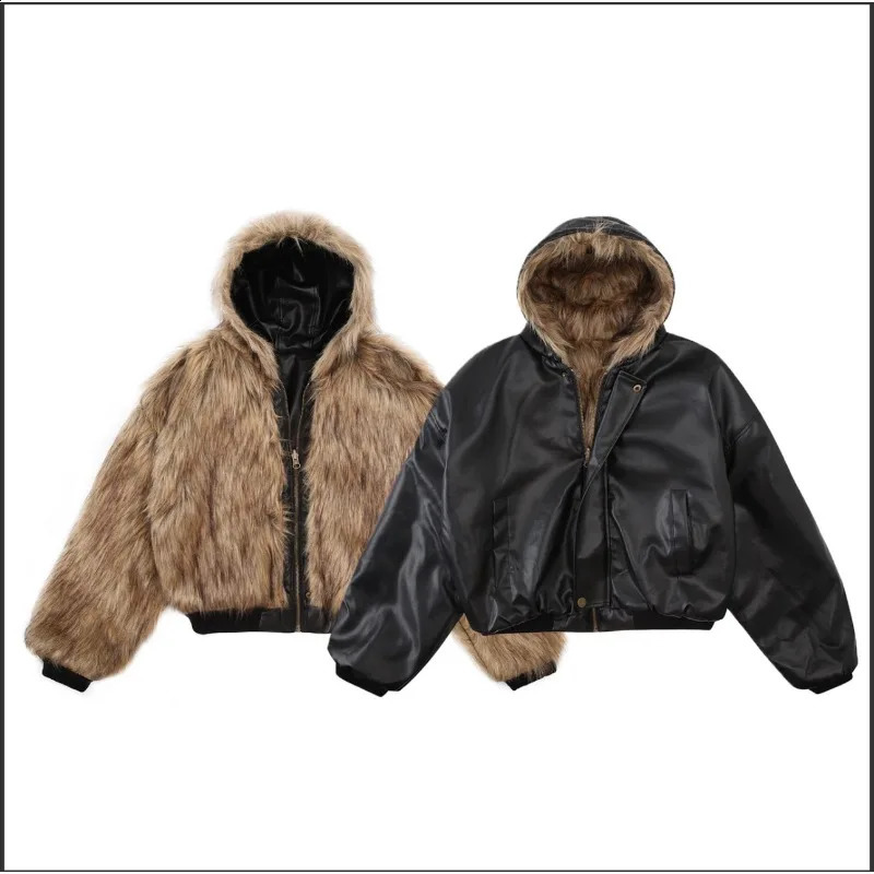 Winter High Street Leather Shaggy Fur Patchwork Short Warm Thick Coat Hooded Fluffy Faux Jacket Women y n Coats 251021