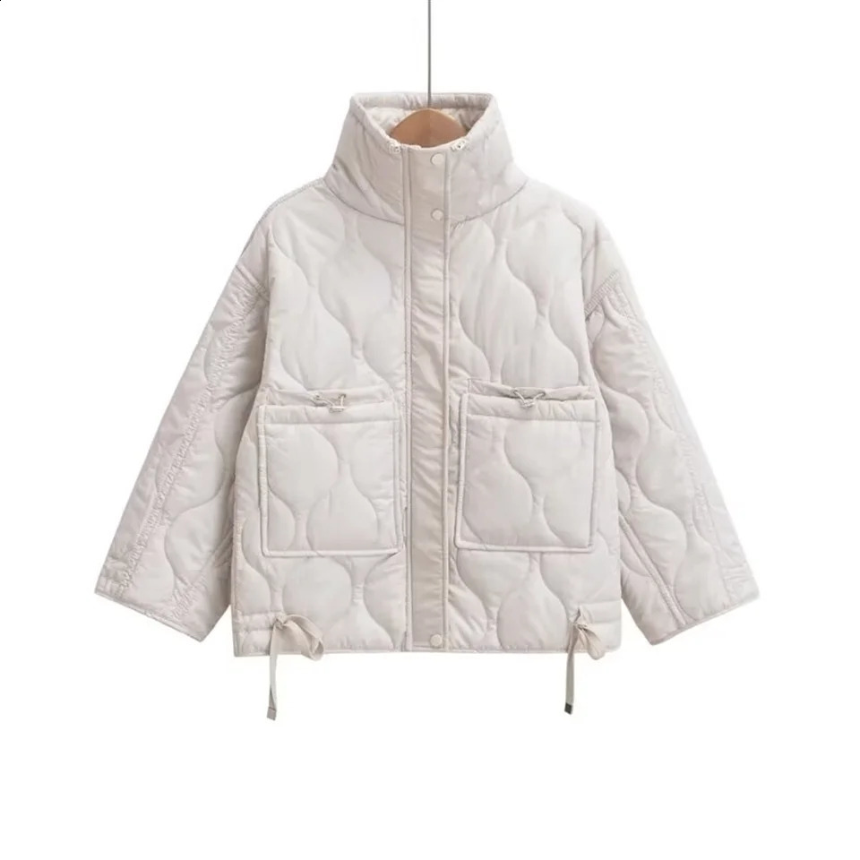 PBZA Winter Womens Clothing Style Simple Loose Warm Windproof Stand up Collar Lightweight Cotton Jacket 251021
