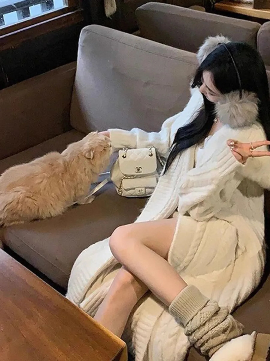 Fur Hooded Sweater Jacket Women Autumn Winter Cardigan Thickened Long Female Loose Simple Leisure Casual Knitwear 251022