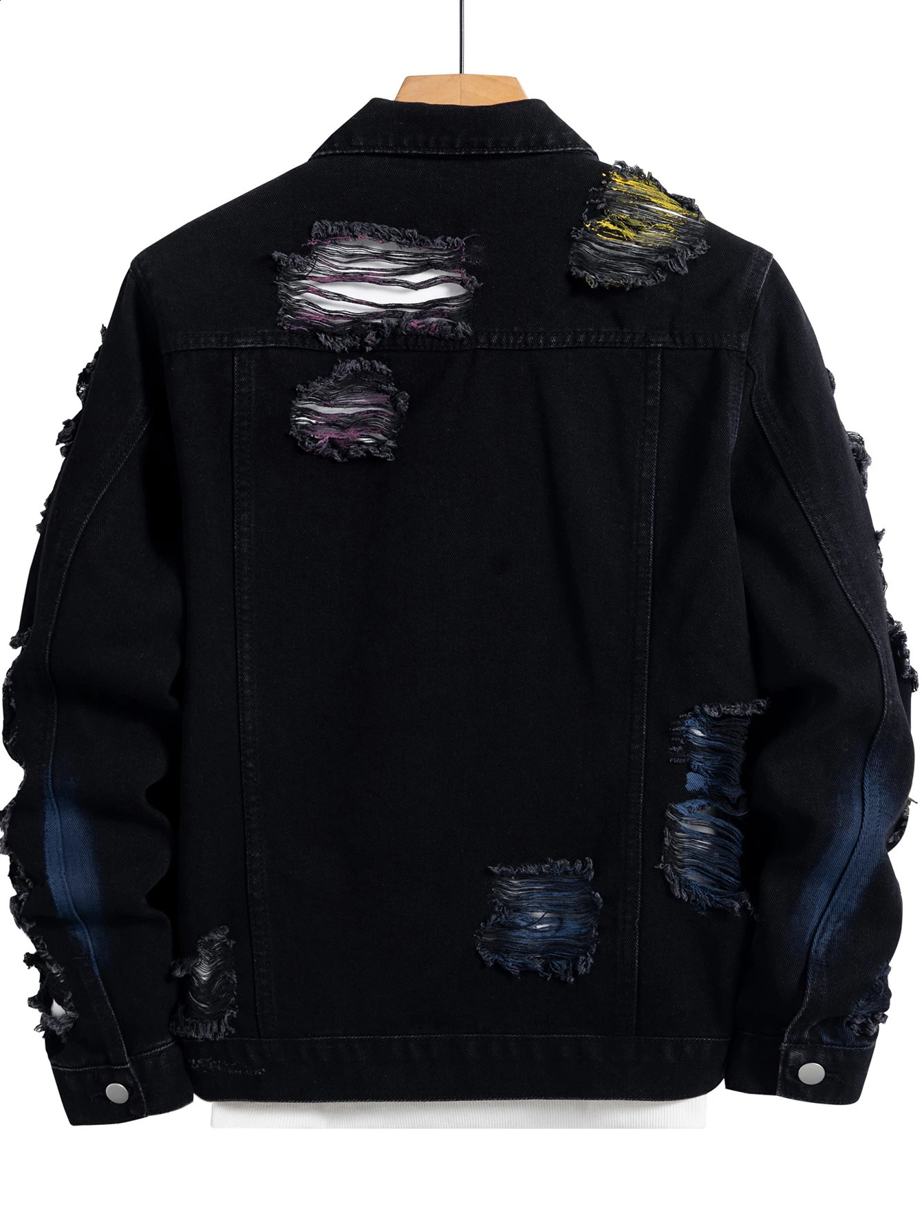 Mens black ripped denim jacket for spring and autumn Random paint splashing 251023