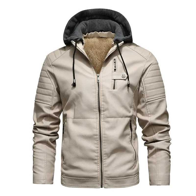 Fall Winter New Mens Leather Jacket Fleece Lined Hooded Leather Coat Youth Male Outerwear Casual Style Fake Leather Jacket W251023