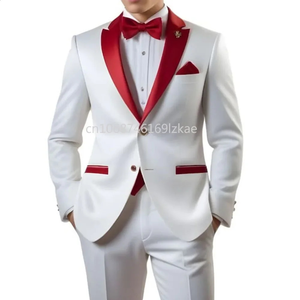 Customized White Men Suits Single Breasted Red Notch Lapel Slim Fit Male Clothing High Quality Wedding 2 Piece Jacket Pants 251023