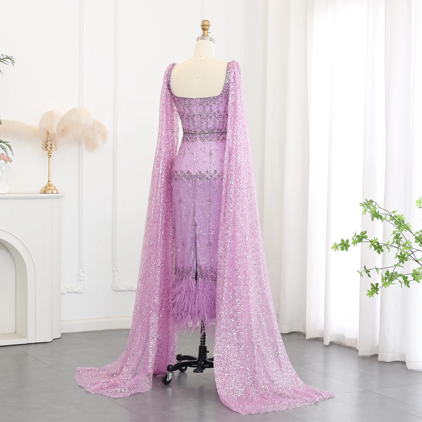 Sharon Said Feathers Dubai Bling Gray Mermaid Dresses Lilac Sage Cape Arabic Women Wedding Party Gown SS279 Customized 251020