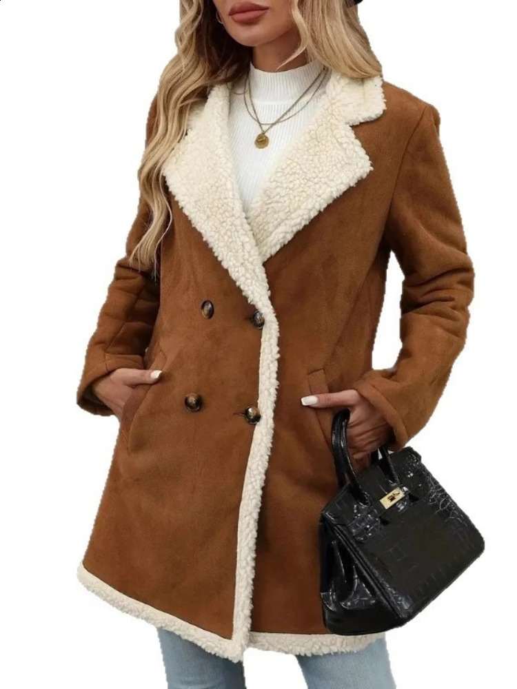 Autumn Winter Womens in Solid Color Overcoat Clothing Fleece Suede Medium Long Woolen Casual Notched Lapel Warm Jacket 251018