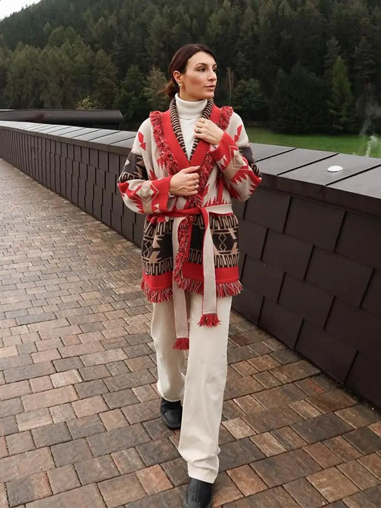 Womens Boho Print Knit Cardigan Top Fringe Trim Belted Long Sleeve Sweater Laceup Coat High Street Outerwear Outfit 251020 - view 6