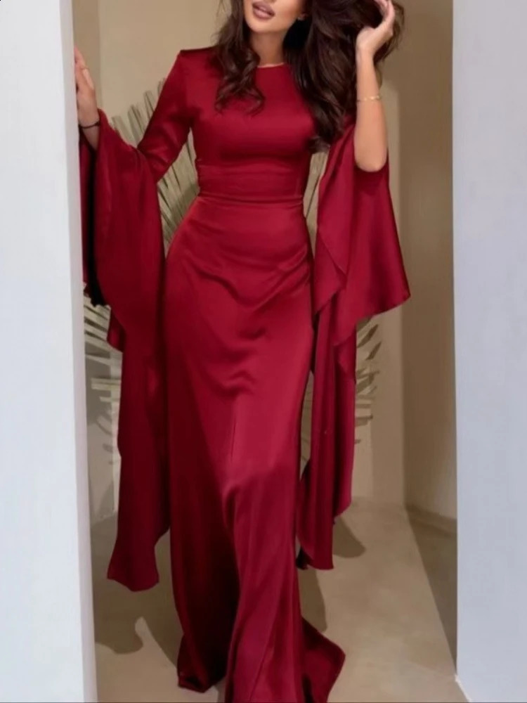 Elegant Solid Color O Neck Chiffon Straight Modest Casual Party Robe Simple Big Swing Sleeves Aline Loose Evening Dress 251022