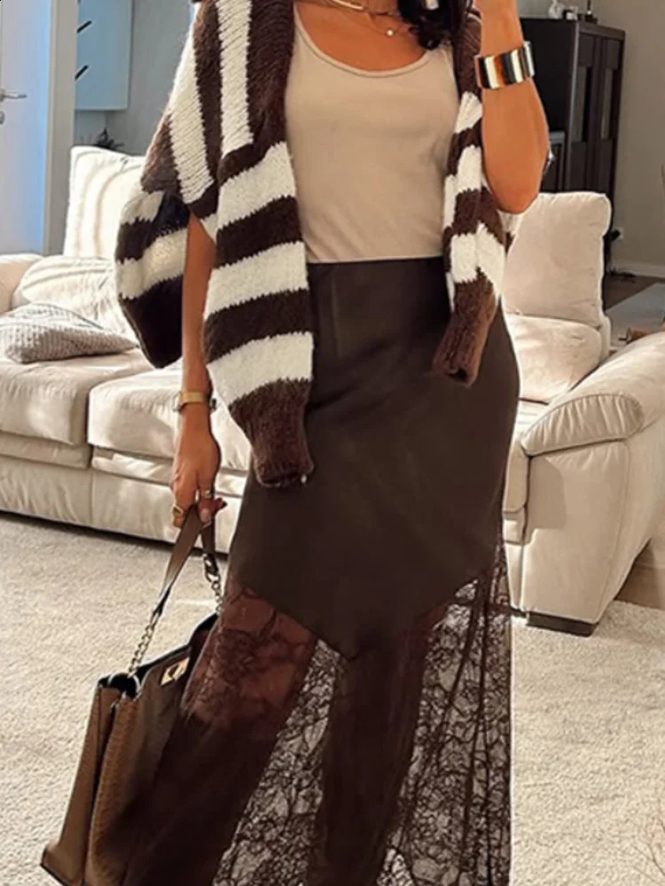 Women Patchwork Lace Skirts High Waist Slim Hollow Out Maxi Autumn Winter Brown Fashion Party Club Boho Skirt 251022
