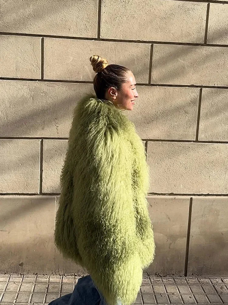 Fashion Green y Fluffy Faux Fur Jacket Women Lapel Long Sleeve Loose Warm Coat Winter Lady High Street Outerwear 251022