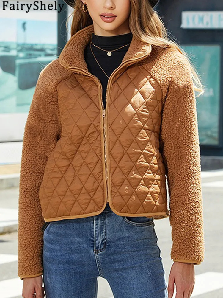 FairyShely 2025 Patchwork Autumn Winter Women Jacket Thick Plush Cropped Long Sleeve Warm Coat Soft Zipper Outwear Lady 251018