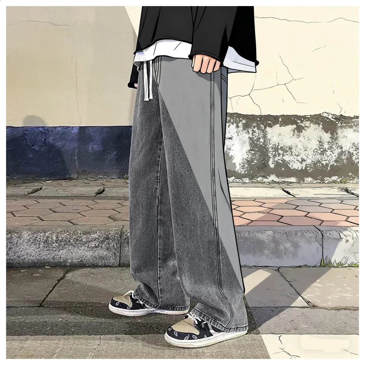 2025 Fashion Korean Mens Casual Long Jeans Classic Male Straight Leg Denim Wide Pants Solid Color Light Blue Gray Black 251018