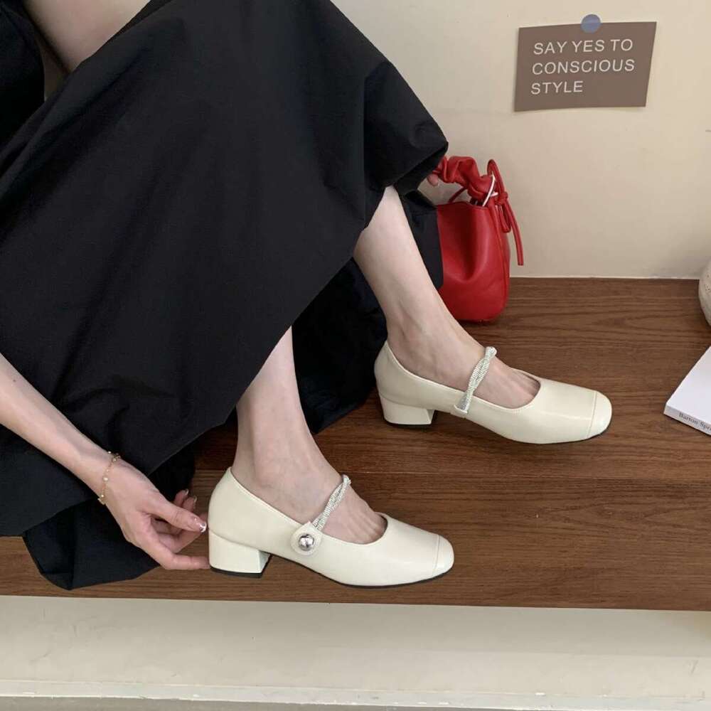 Mary Jane Chunky Heel Women's Square Toe Rhinestone Strap Single Shoes Designer Shoe 2025 Summer New Style