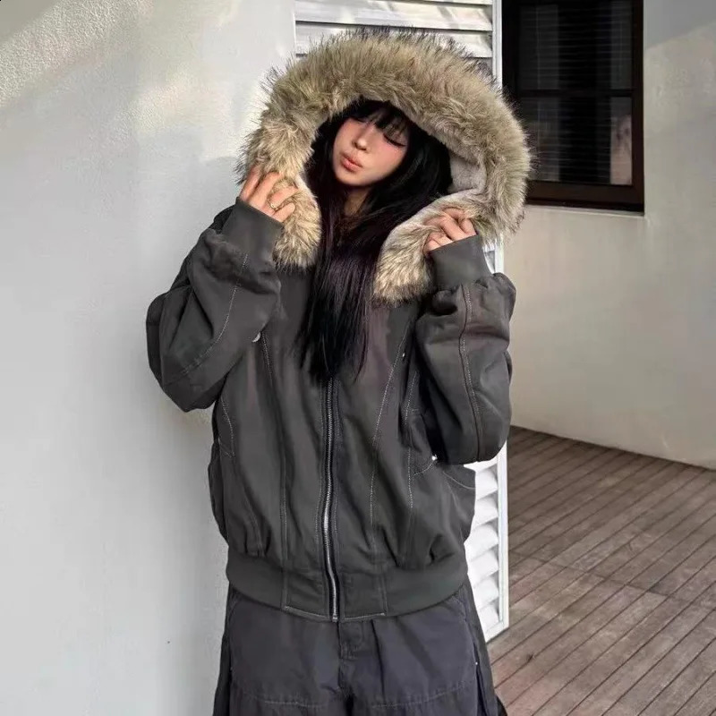 Winter American Retro Parka Coat down Cotton Faux Rabbit Fur Large Collar Hooded Versatile Womens Jacket 251022