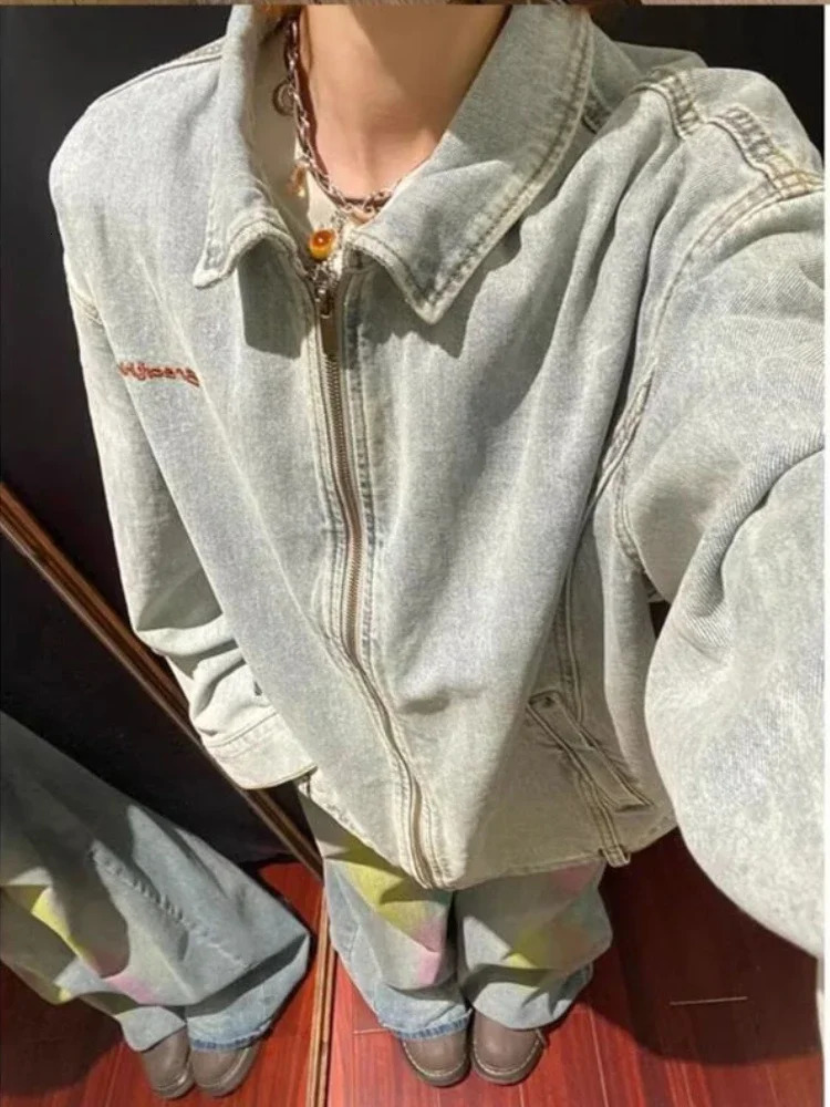 Vintage ZipUp WashedDistressed Denim Jacket Mens Spring Fall Fashion Coat American Cowboy HighStreet Casual Outerwear 251017