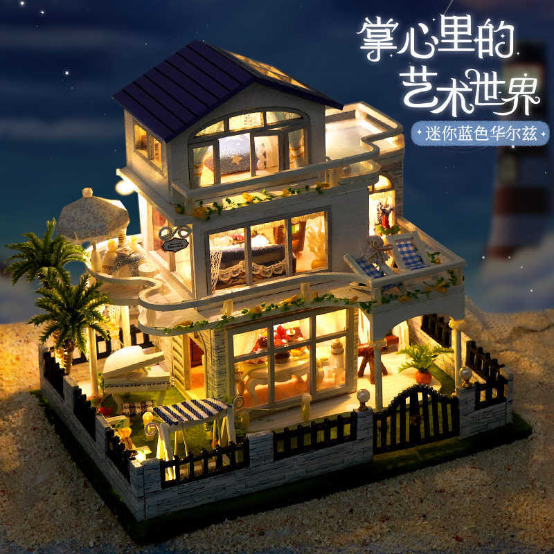DIY handmade wooden model house toy that glows as a birthday gift. L251023