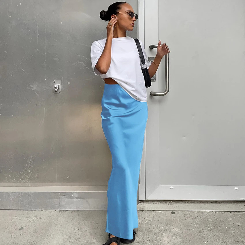 Women Fashion Satin Skirt High Waist Midi Stylish Street Versatile Chic Elegant Female 251017