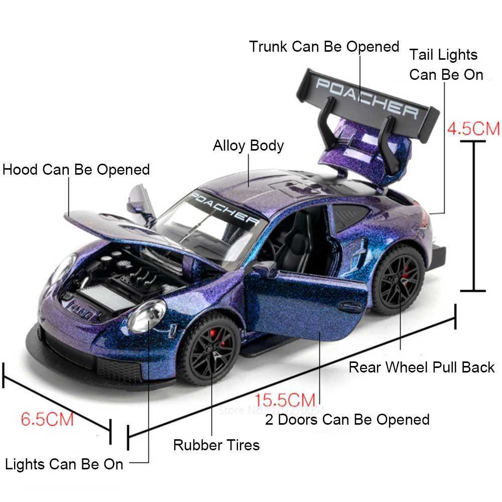 132 Robotaxi 911 GT3RS Model Diecast Alloy Toy Car Doors Opened Sound Light Pull Back Four Rubber Tires Vehices Present for KidT251023