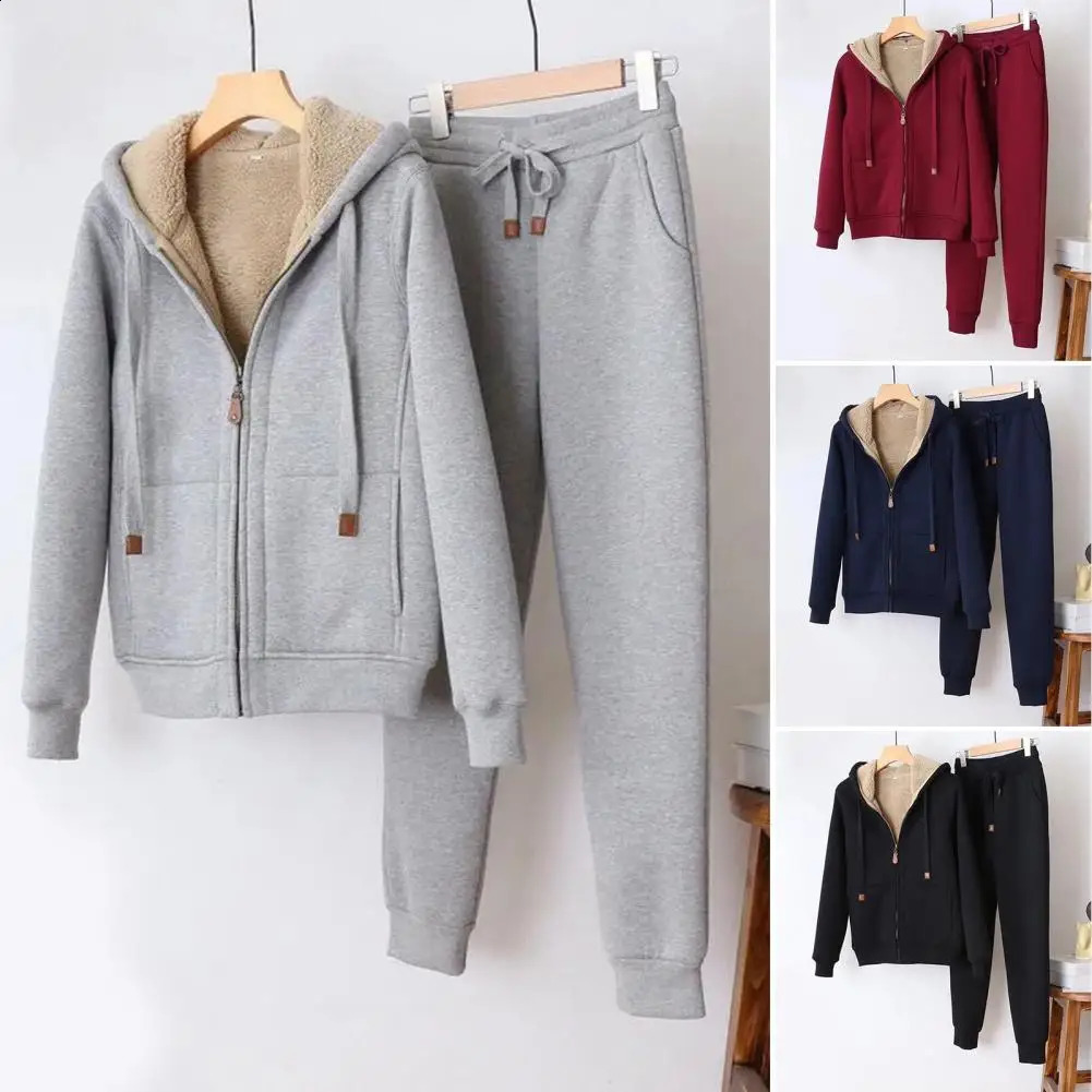 Womens Sweatshirt Pants Suit Autumn and Winter Warm Longsleeved Fleece Thick Hoodie Coat Jogger Sportswear Twopiece Set 251022