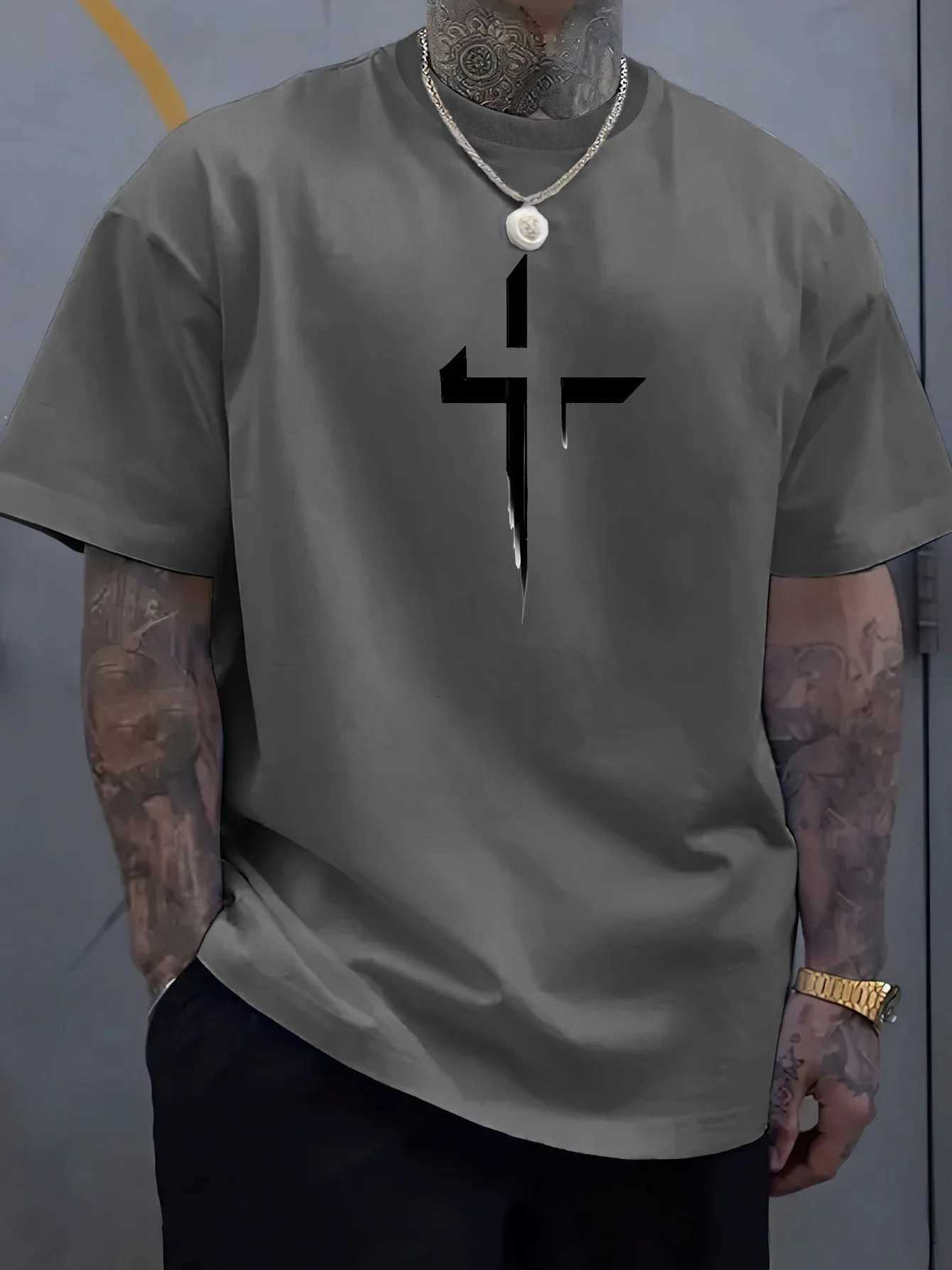 Summer mens casual loose plus size Cross Creative printed sports comfortable round neck short sleeved TshirtXJ251023