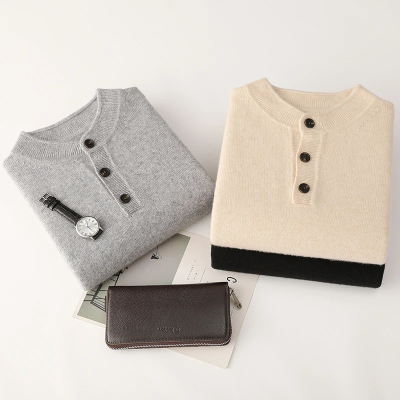 AutumnWinter Mens Cashmere Sweater Half High Collar Long Sleeve 100 Wool Knit Business Casual Henry Collar Pullover 251016
