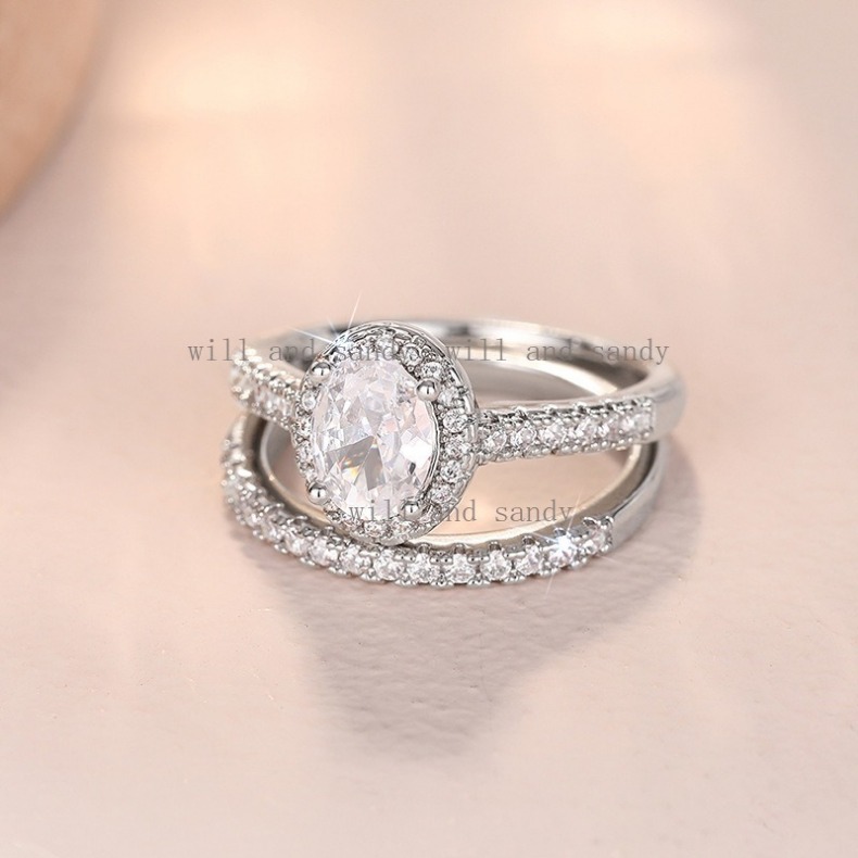 Fashion Band Rings Sterling Silver Ring Set for Women Oval Cut Solitaire Cubic Zirconia Engagement Ring Halo Promise Ring Knuckle Rings Fine Jewelry