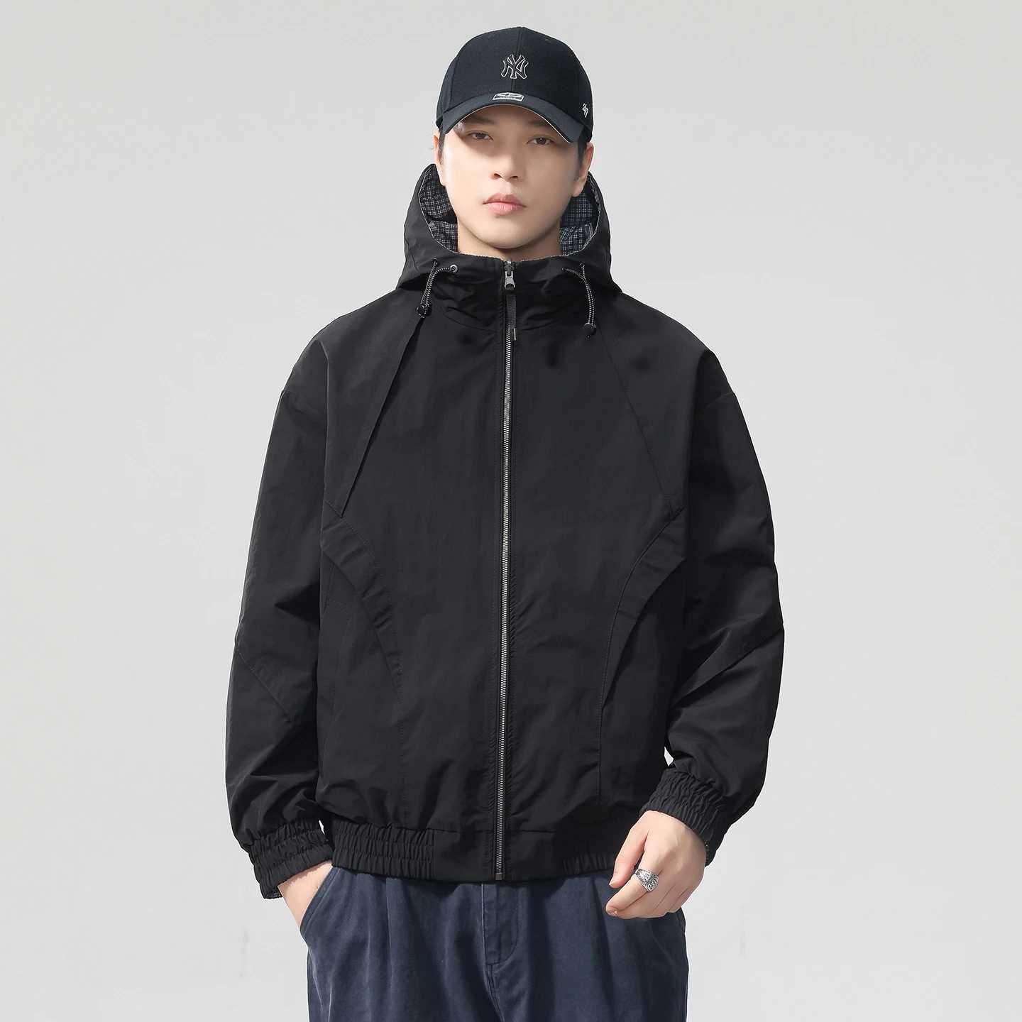 Double Sided Wearable Hooded Jacket Men Streetwear Fashion Business Causal Loose Plaid Cargo Jacket Cityboy Coat Outerwear W251023