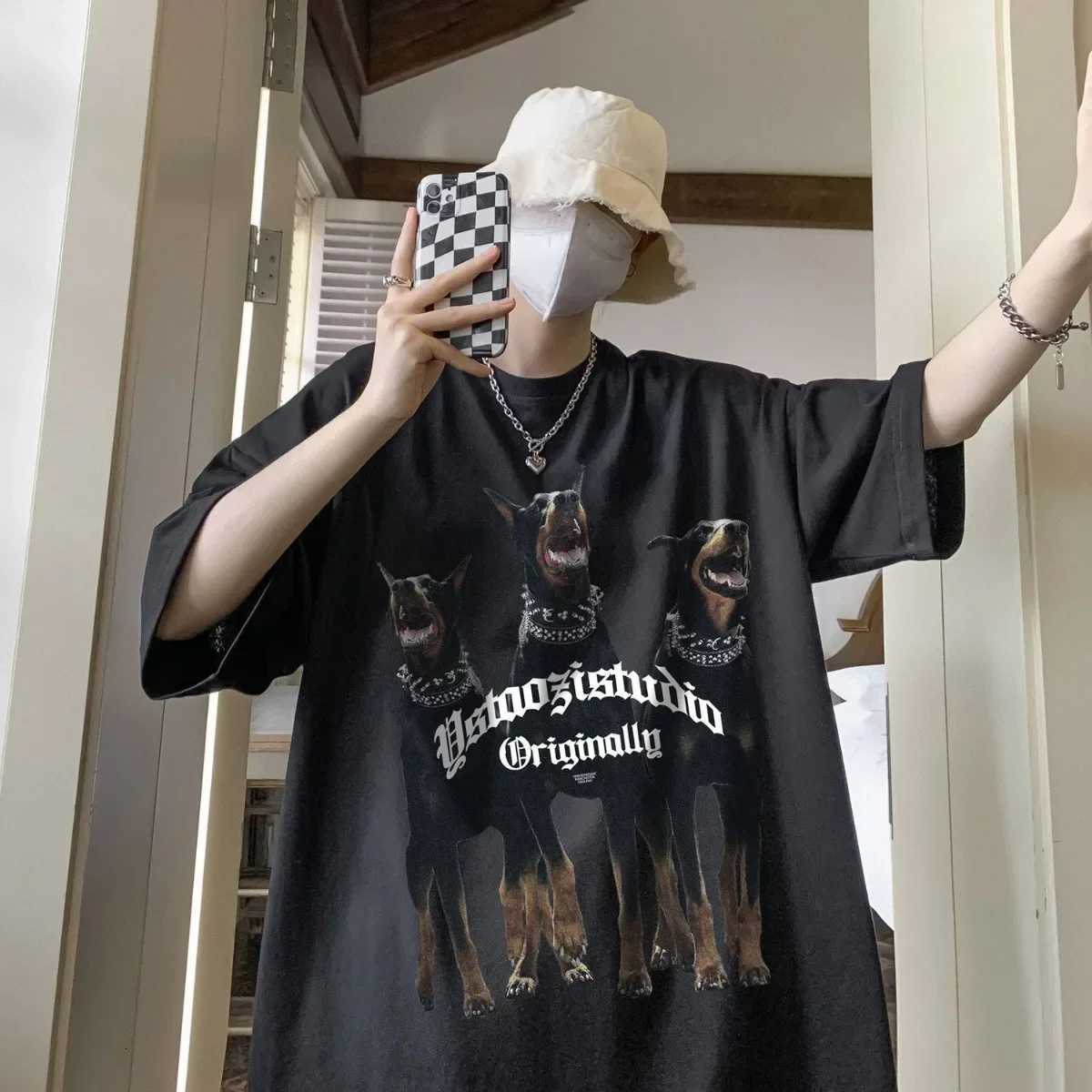 American Hiphop Creative Dog Print Short Sleeved Men and Women Ins Summer Cotton Loose Fitting Couple Half Sleeved Top ClothesXJ251023
