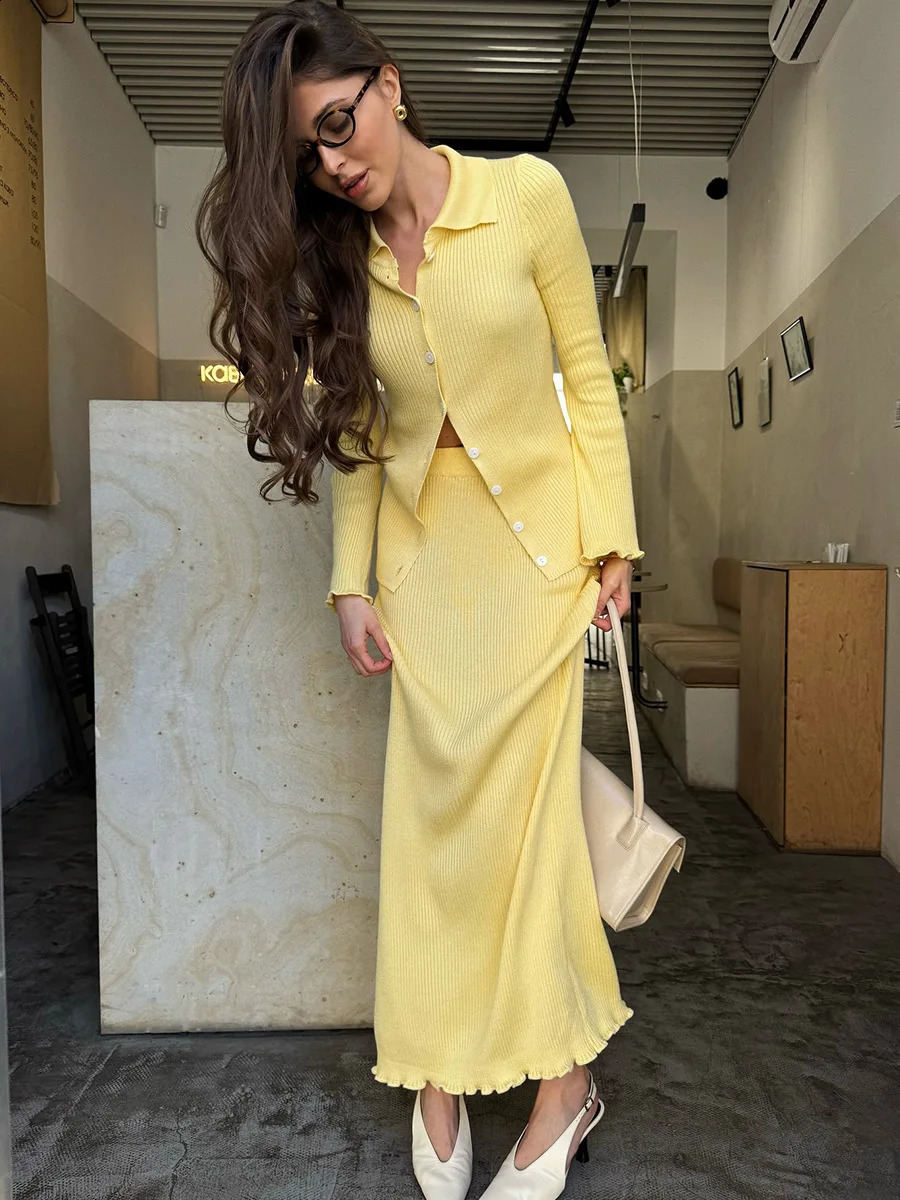 Bornladies Womens POLO Neck Long Sleeve Cardigan Skirt Set Ribbed Knit Button Front Elastic Autumn Winter Casual 251022