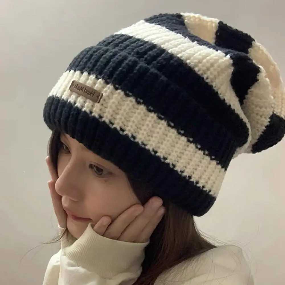 Striped Beanie Winter Hats For Women Knitted Retro Thickened Warm Baggy Cap Trendy Windproof Ear Protect Bonnet Female NewXJ251023