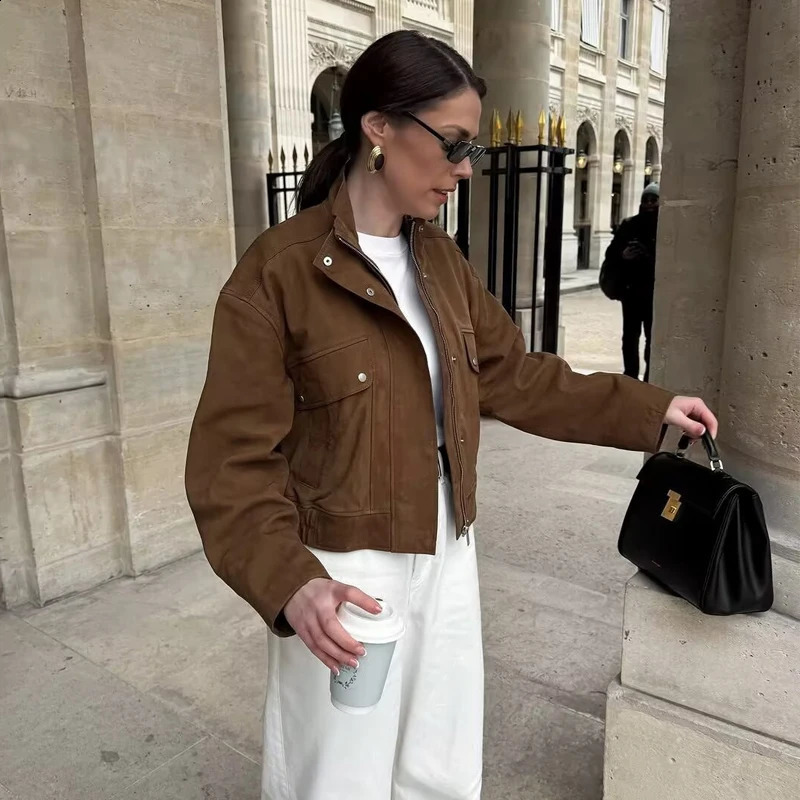 MUJER Suede Bomber Jacket Women Fashion Zip Varsity Jackets for Streetwear Outerwear Long Sleeve Coat 251018
