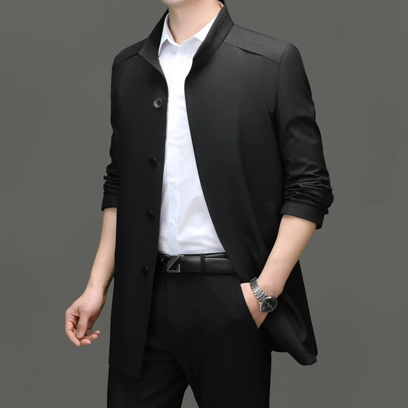 Mens 2025 Trench Coat Long Stand Collar Business Fashion Trend Solid Color Casual for Young People 251014