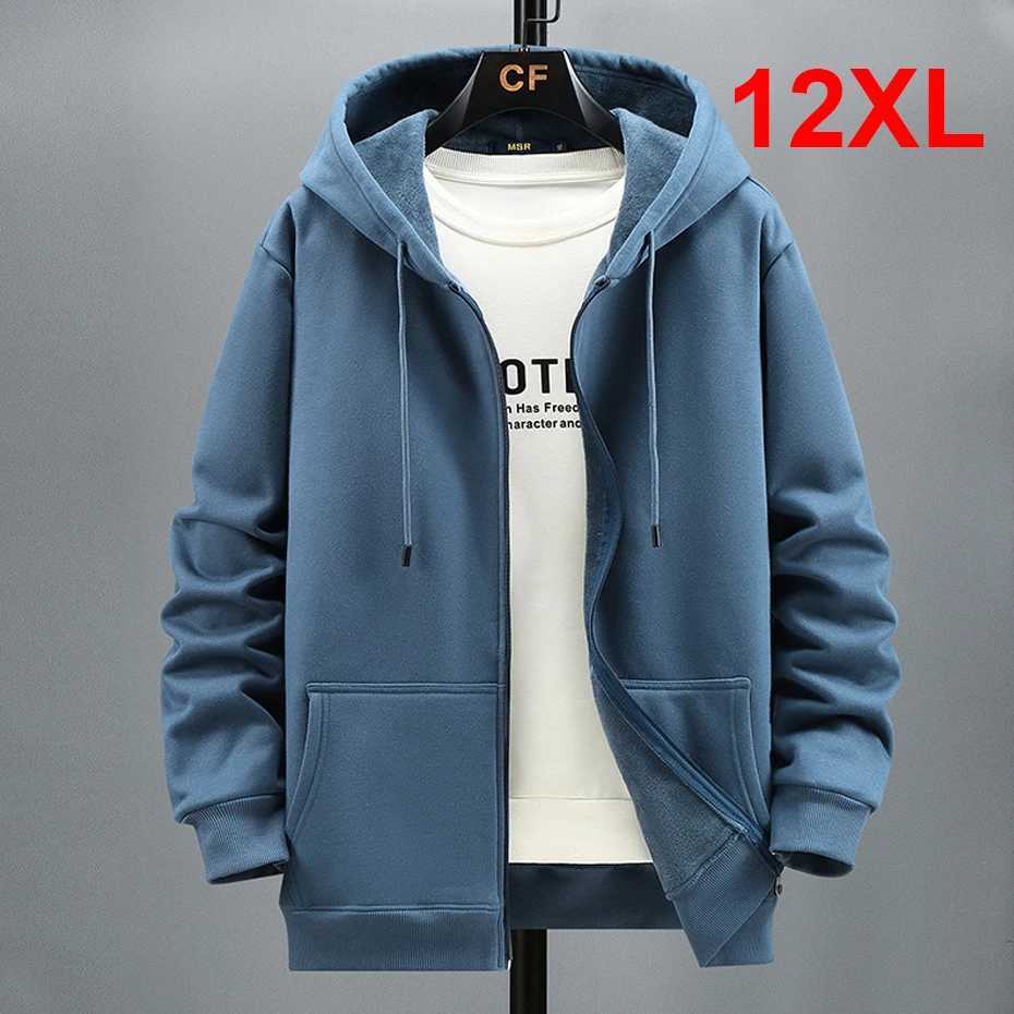 Big Size Hoodie Men Autumn Winter Fleece Hoodies Solid Color Jacket Zip Up Hoodies 12XL Blue Black Red GreyT251023