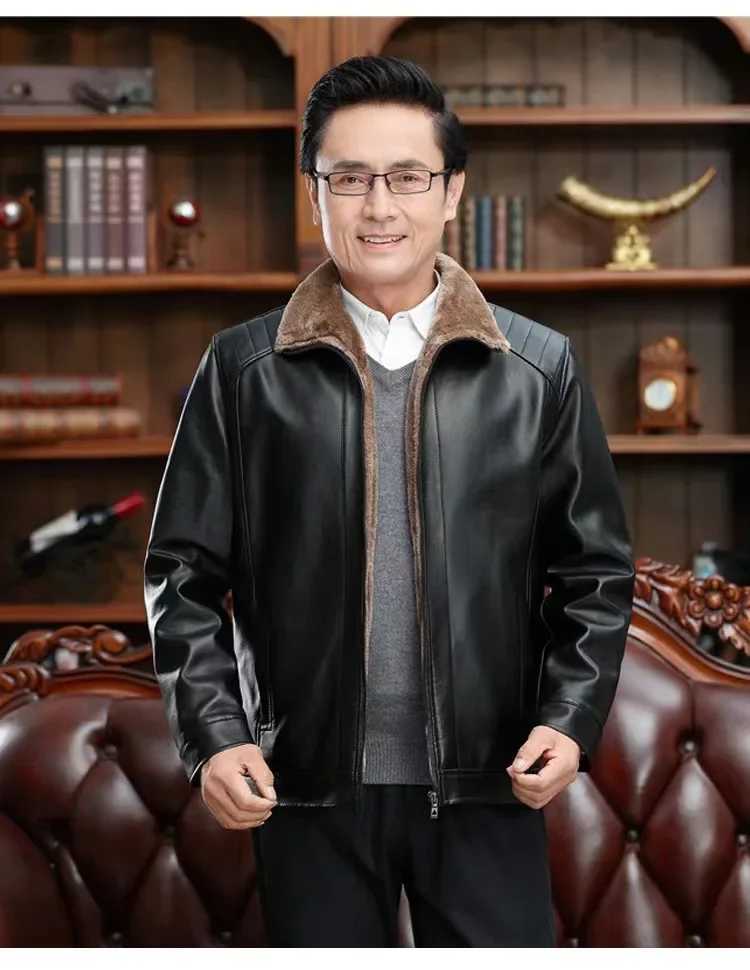 Casual Fleece Lined Leather And Fur Blend Thickened Business Outerwear Jacket for Men Loose Fit Mixed Leather Jacket W251023