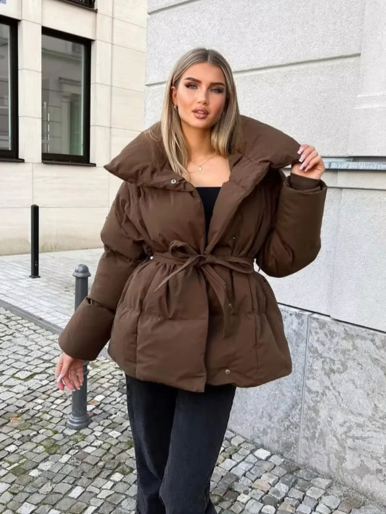 Solid Lapel Lace Up Cotton Coat Women Fashion Long Sleeve Warm Loose Pocket Short Coats Lady Winter Commute Street Outwears 251021