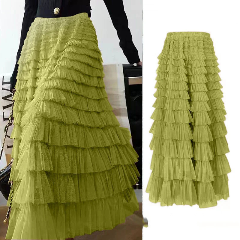 Summer Spring Womens Multilayer Ruffles Tulle Skirt Pleated High Waist Fluffy Maxi Fairy Cake Dress Long Tutu Party 251022
