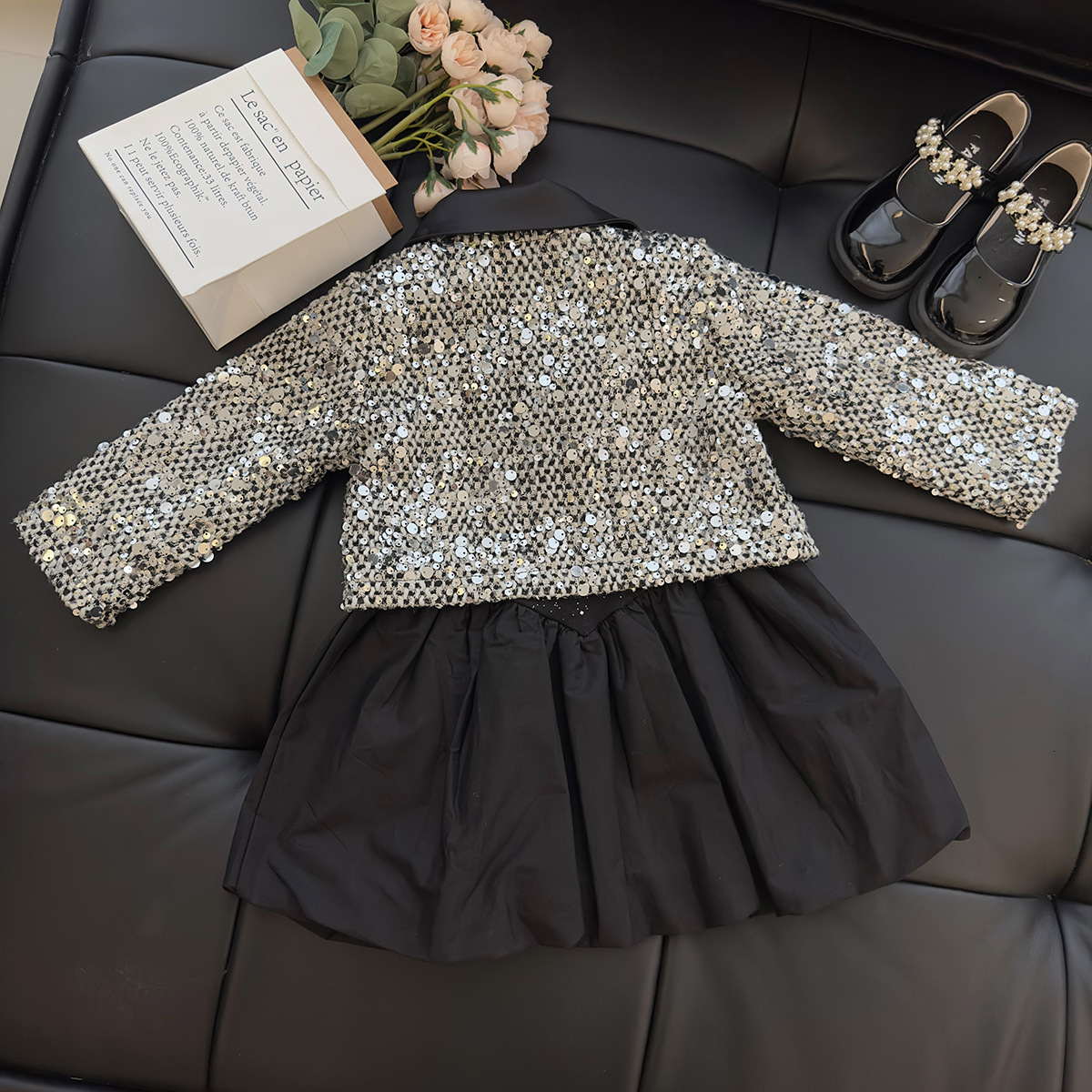 Girl designer fashion style set Spring and Autumn baby girl sequin jacket dress short skirt two-piece princess style