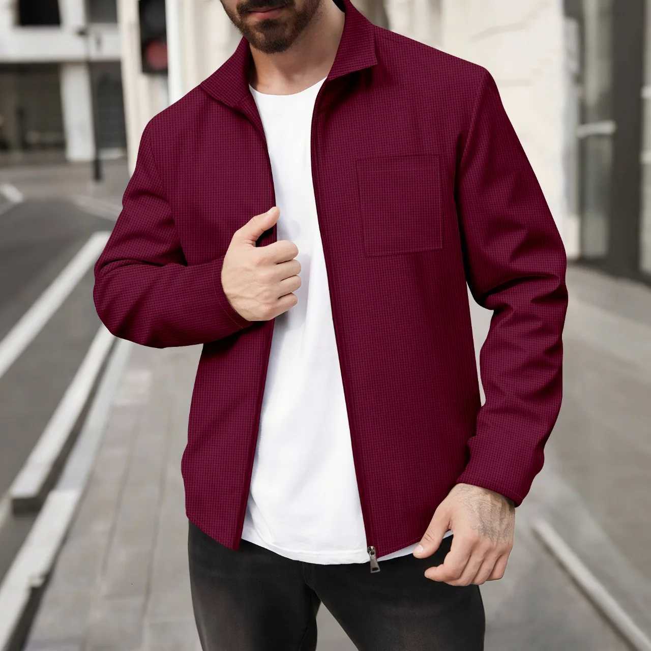 Mens FourSeason Casual Business Waffle Check Coat Lapel Zipper Chest Pocket Fashionable Top W251023