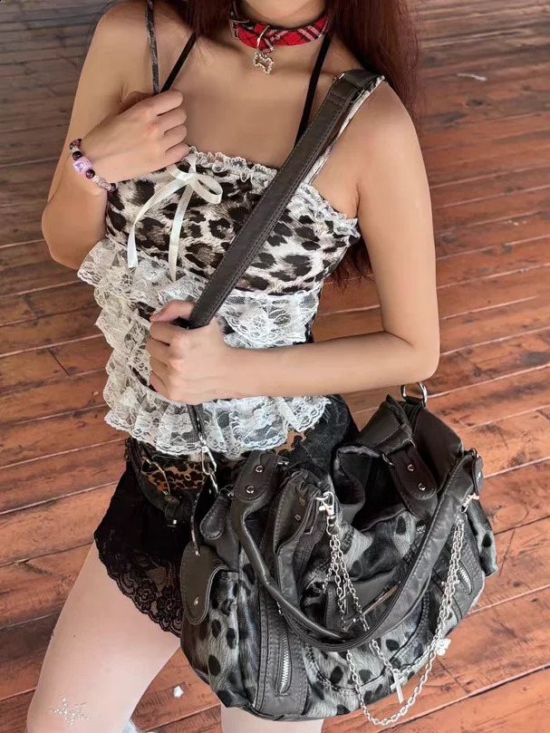 Grey Leopard Print Hangbag Cross Star Subculture Y2k Shoulder Bags Girl Tote Large Capacity Portable Messenger Bag 2024 251023