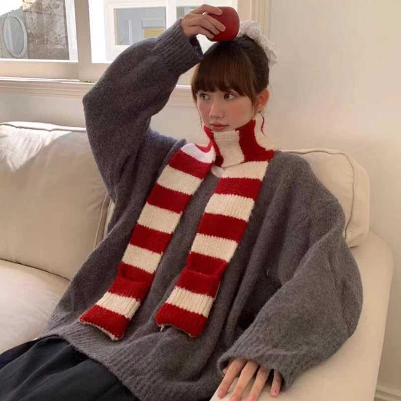 Japanese 2in1 Contrasting Striped Scarf Soft Wool Knitted Scarf Women Winter Versatile Simple Knitted Scarf Neck Warmer Scarf J251113