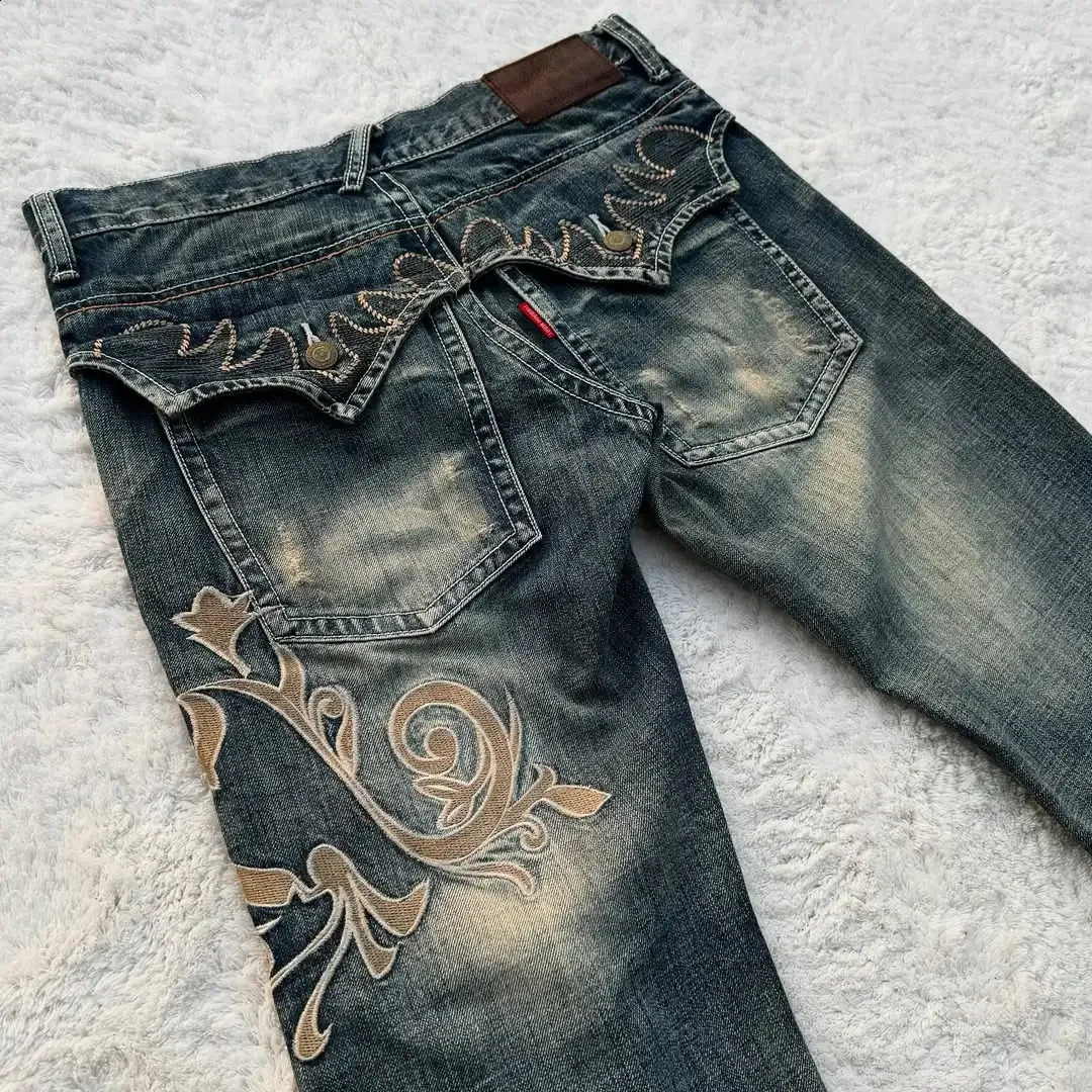 Street Harajuku Heavy Industries Retro Pattern Embroidery Blue Washed Jeans Womens Personalized Casual Splicing Flare Pants 251022