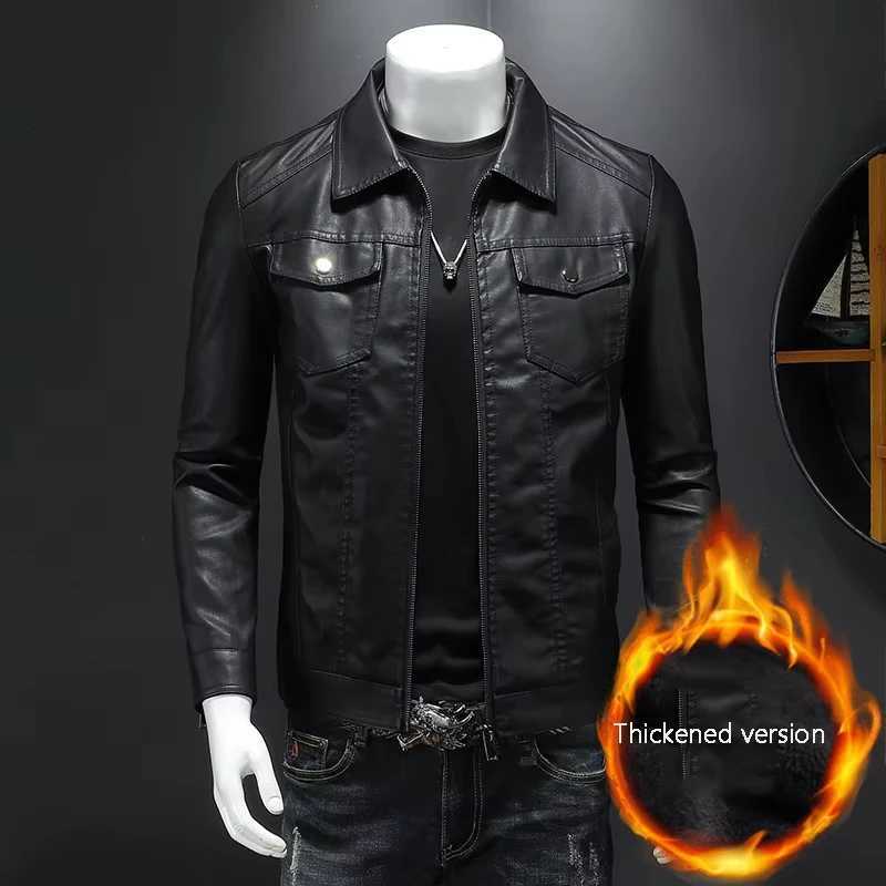 Mens lapel leather jacket autumn oversized slim motorcycle riding suit winter thickened PU leather waterproof work clothes W251023