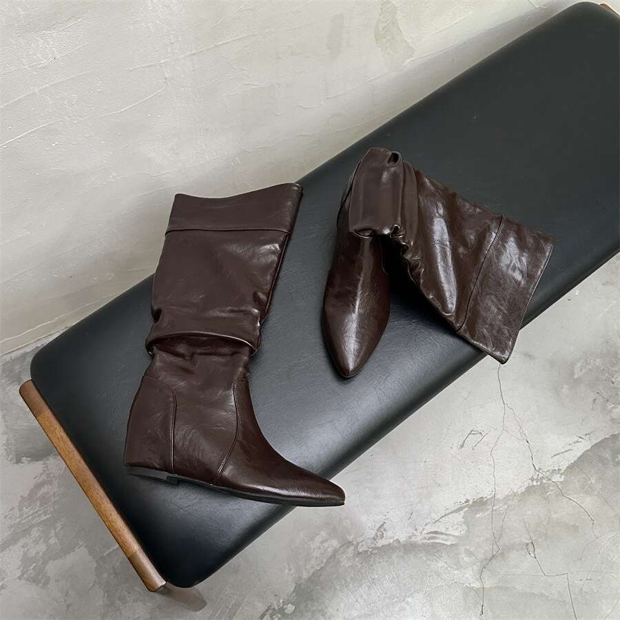 Soft Leather Chunky Heel Wrinkled Slouchy Riding 2025 Autumn New Style Internal Designer Shoe Height Increase Slim High Tube Long Boots