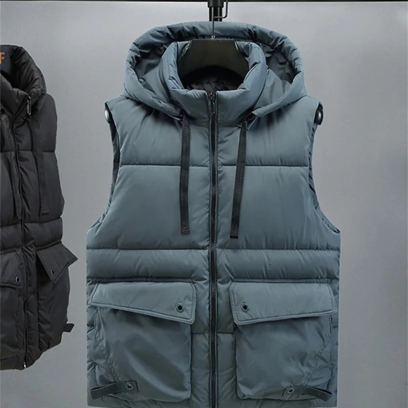 Mens Hooded Vest Winter Zipper Warm Stand Collar Waistcoat Men Cotton Padded Sleeveless Jackets with Big Pockets 251023