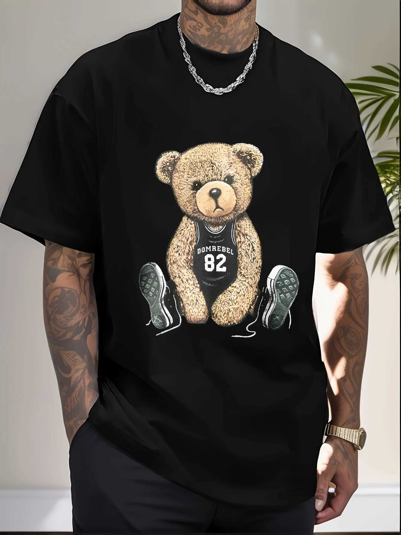 Mens Summer Fashion Fun Basketball Bear Print Comfortable Breathable Round Neck Tshirt Outdoor Casual TopXJ251023