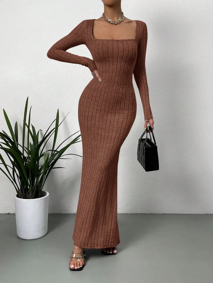 Womens Sexy Square Neck MidLength Knitted Dress Slim Fit Retro LongSleeved Wrap Hip Robe for Fall 251022